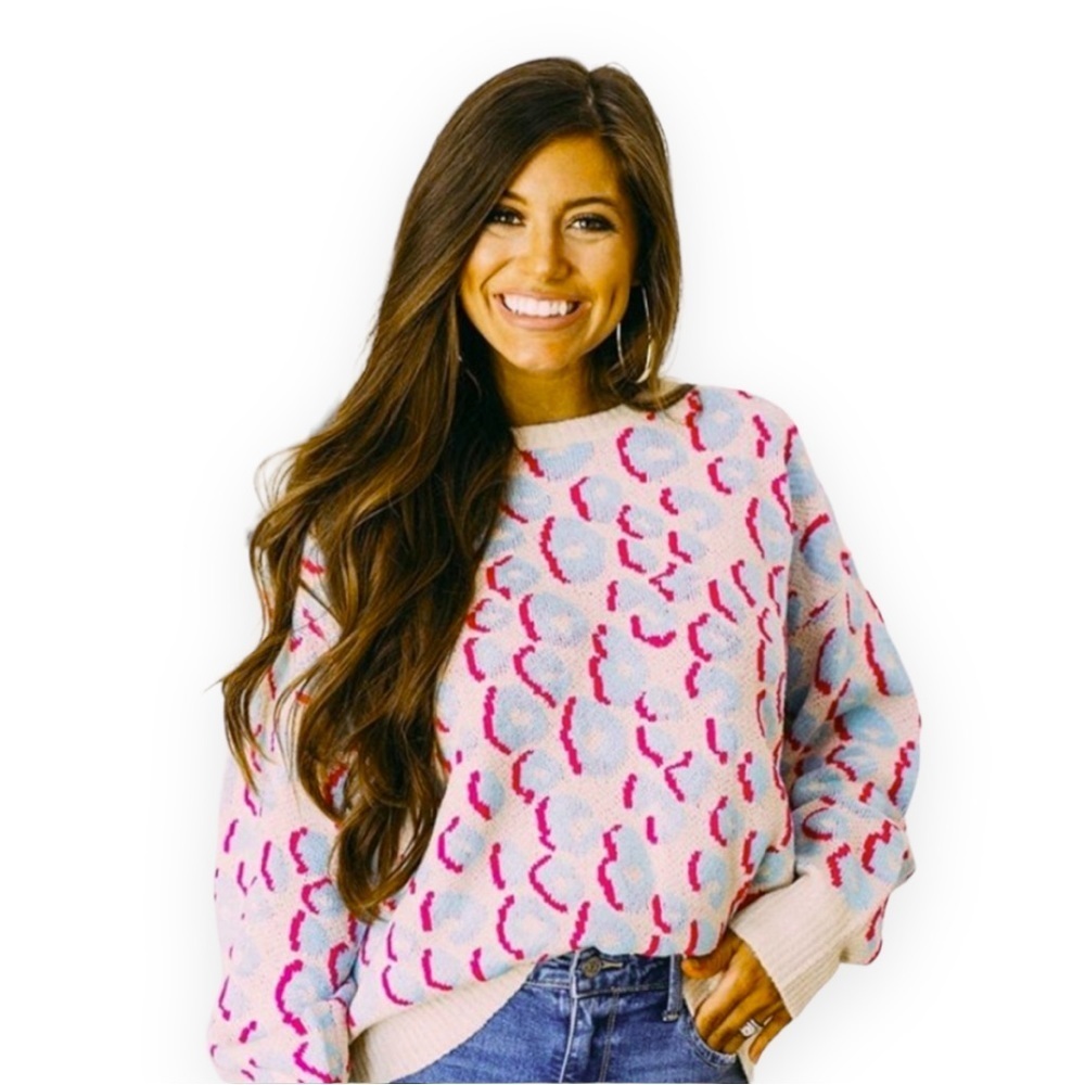 Peach Love California Sweater Cheetah Pink Blue Oversized 1X